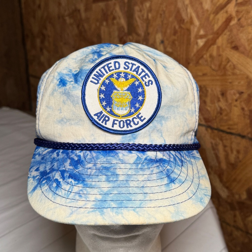 VTG Nissin Cap US Air Force Patch Blue Tie Dye Retro Hat Grandpa Hipster Casual